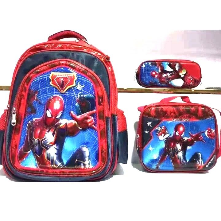 Three Pieces Kids Boys Superhero Batman Spiderman Ironman Backpack School Bag Book Rucksack