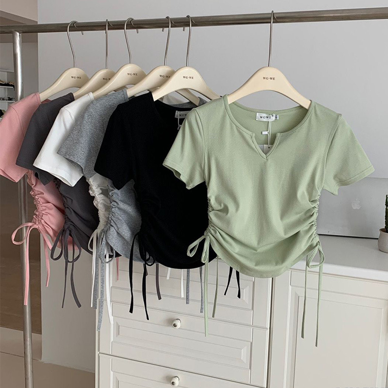 CR-3018# Women's Summer New V-Neck Drawstring Slim T-Shirt Solid Color Short Sleeves