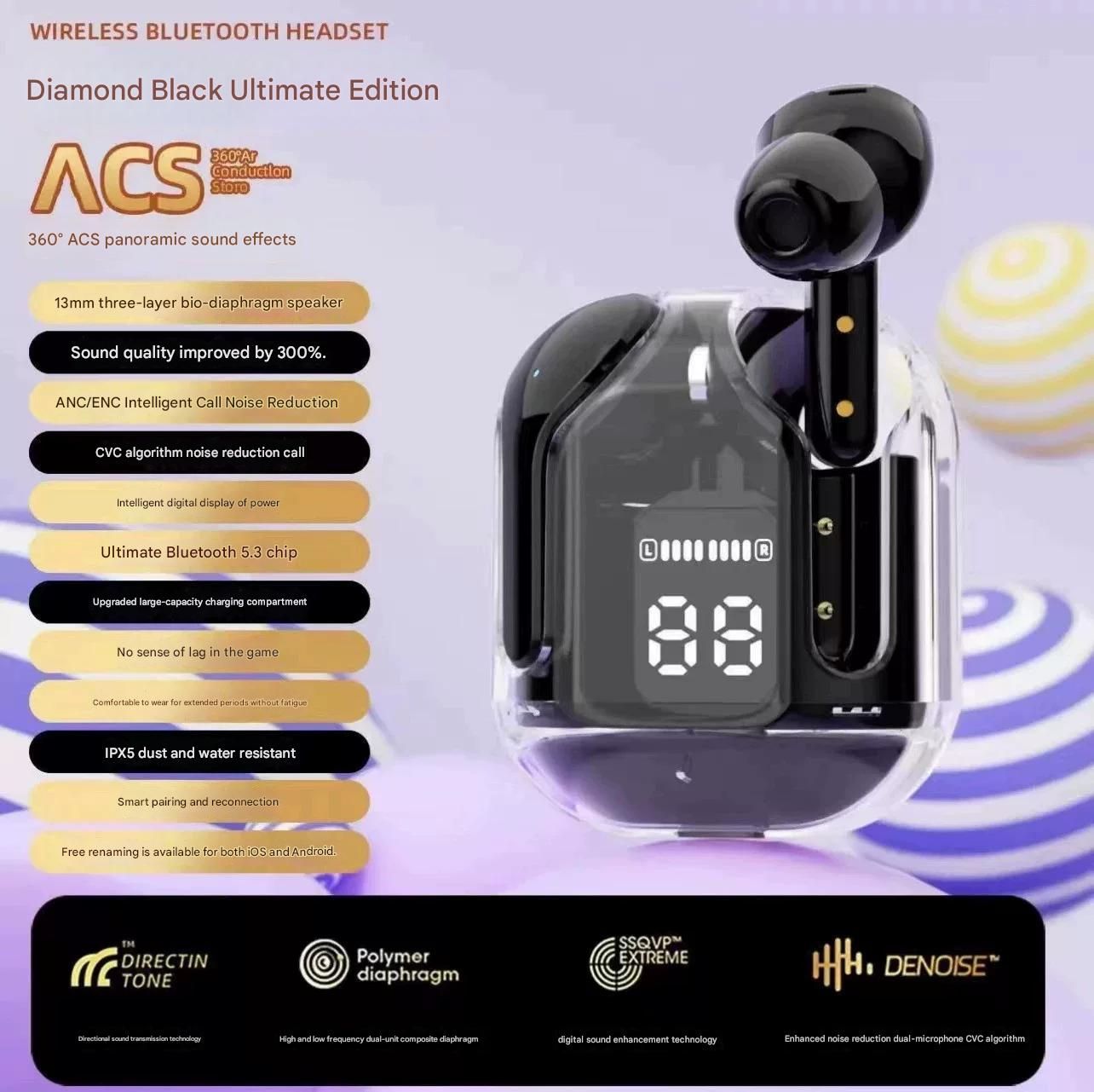 Air31 In-ear Wireless Bluetooth Earbuds, XT16 Digital Display Headphones, New Transparent Shell Bluetooth Earphones
