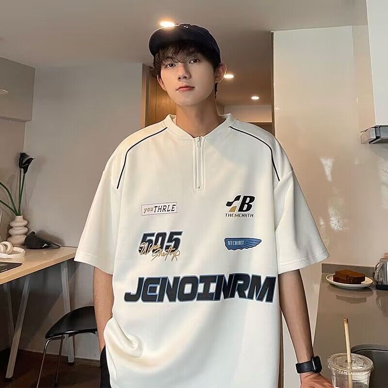 532 Half Zip Motorcycle T-shirt Men's Summer High Street Fashion High Grade Feeling Handsome Racing Shirt
