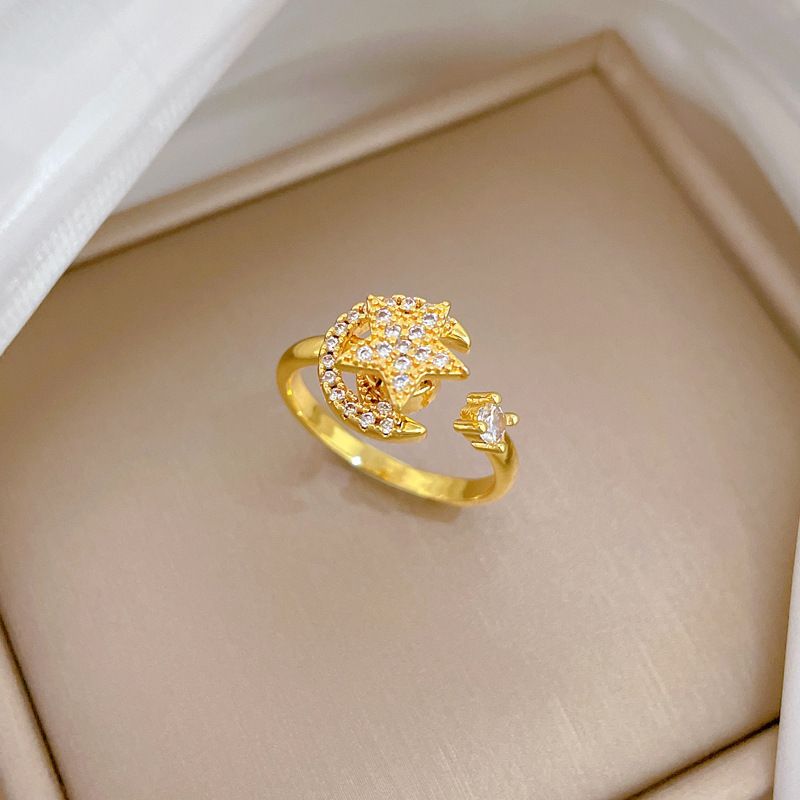 Sparkly Full Paved Cubic Zirconia Rotatable Moon Star Open Adjustable Ring Real Gold Electroplated Wide Band Finger Ring Elegant Celestial Statement Hand Jewelry Minimalist Daily Dating Banquet Party Matching Accessory Gift For Women Ladies Stackable Ornament
