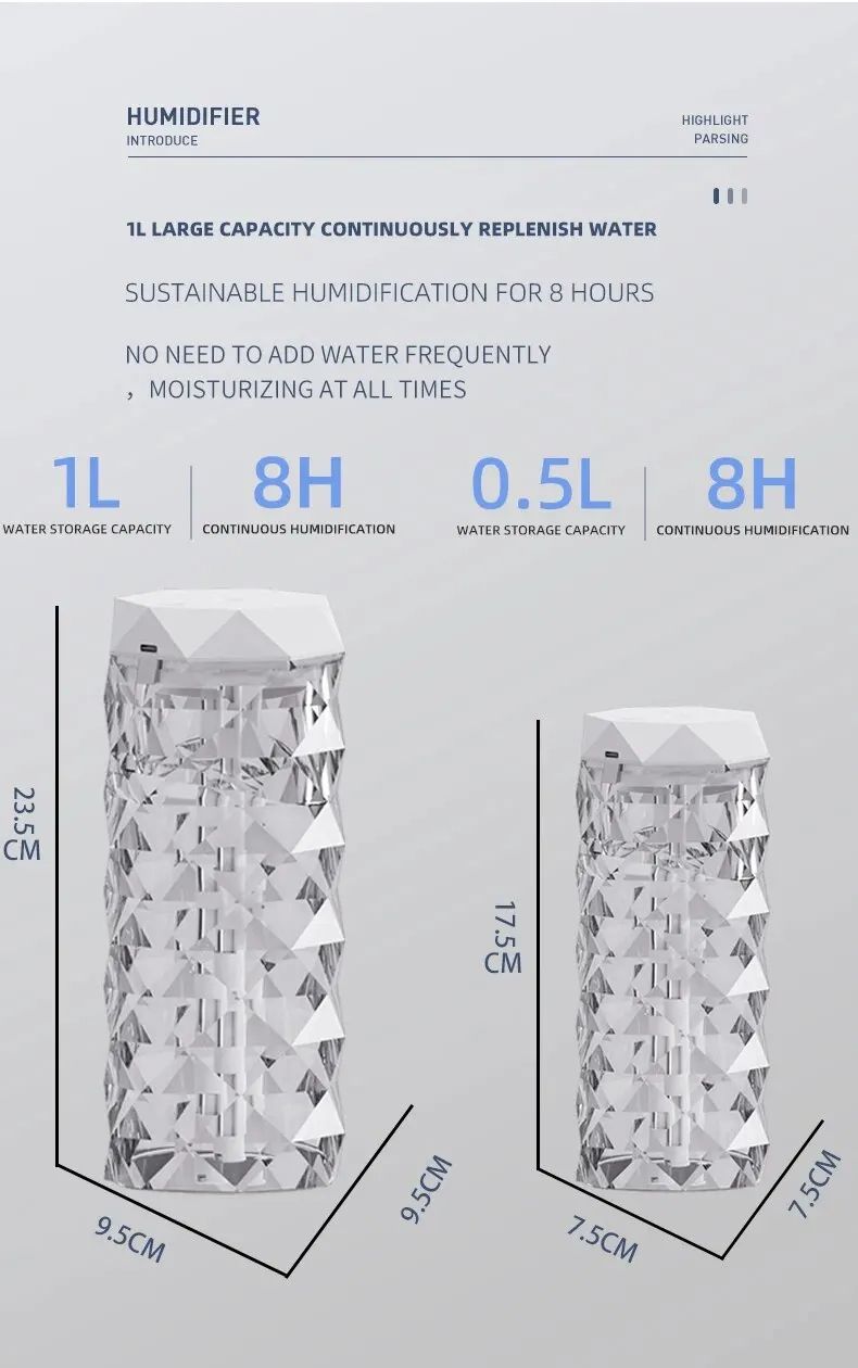 Crystal Lamp Humidifier with Colorful Atmosphere Light Silent Ultrasonic Humidifier 2 Adjustable Mist Modes for Home Bedroom