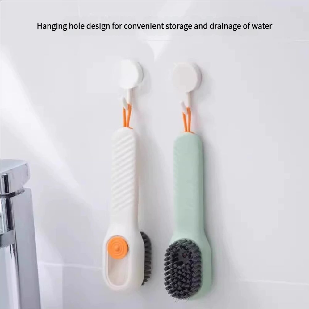 Adding liquid to shoes, brushing shoes, and using a household pressure type brush to dispense liquid without damaging the shoes. Adding liquid to shoes and using a shoe brush
