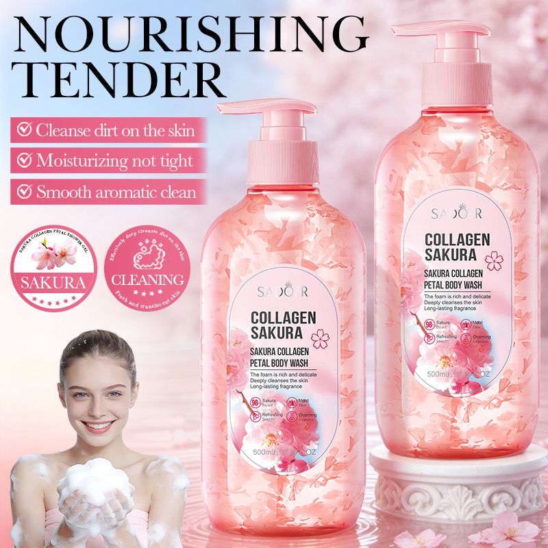 SADOER Sakura Collagen Petal Body Wash 500ml, Natural Cherry Blossom Extract, Gentle Cleansing, Long-Lasting Fragrance, Moisturizing & Smoothing Shower Gel for All Skin Types
