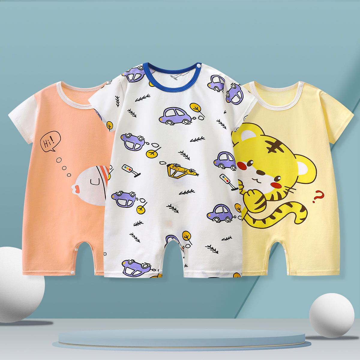 Baby Summer Romper, Cute Tiger Print Short Sleeve Jumpsuit, Breathable Thin Cotton Baby Playsuit for Newborn Toddler, Sizes 59-90cm, Single Pack, Casual One-Piece Outfit for Boys Girls
