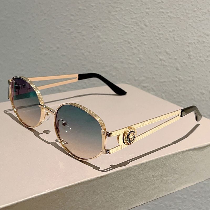 Vintage Style Women Sunglasses, Golden Oversized Oval Frame with Hollow Coin Ornament Decor, Fashion Eyewear for Daily Travel Party Street Wear