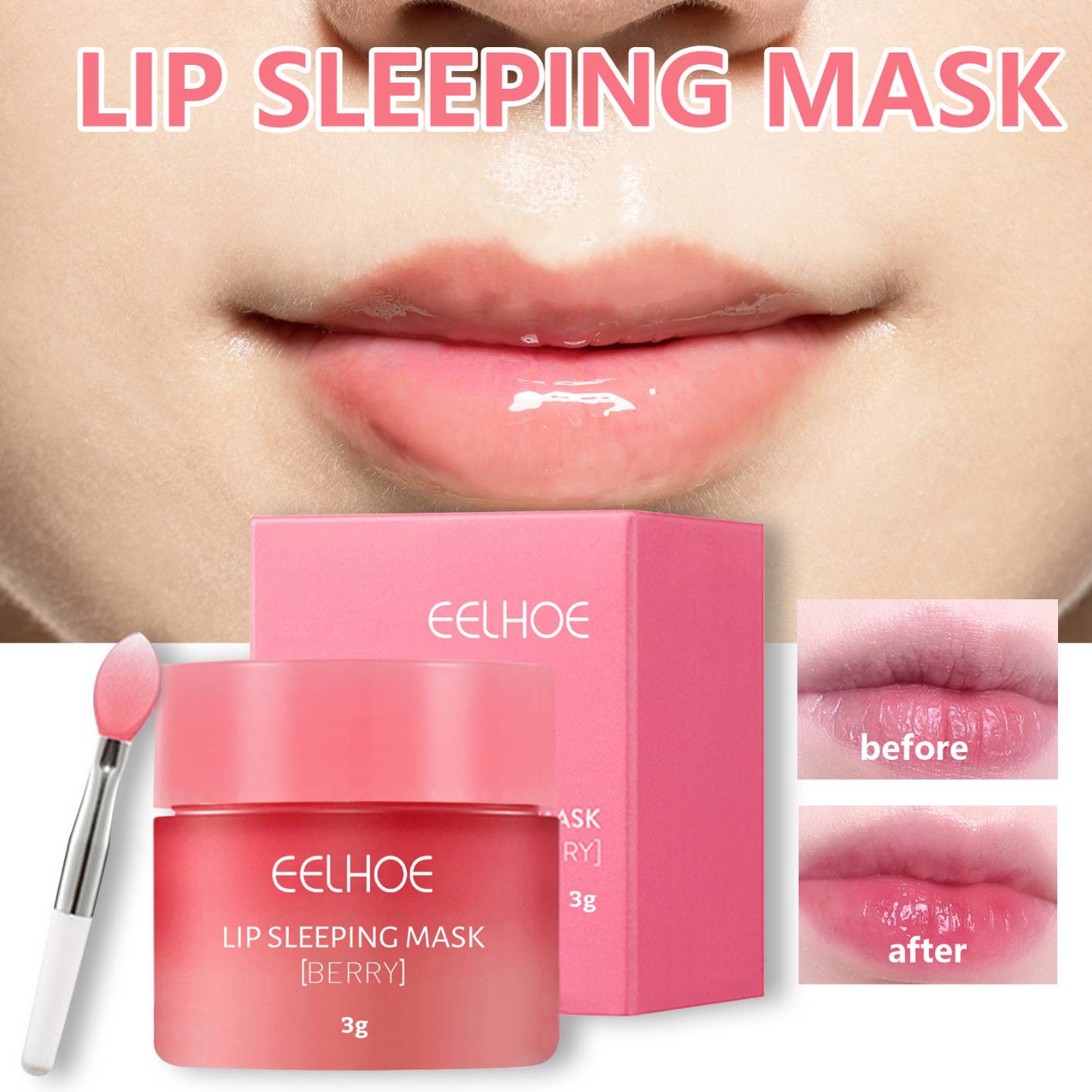 20g Lip Sleeping Mask with Lip Brush, Overnight Intensive Lip Treatment, Moisturizing Lip Care, Camellia Seed Oil, Olive Oil, Berries, Vitamins