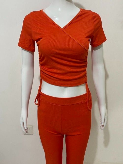 V-neck pleated slim two-piece tracksuit Spice girl pleated deep V short sleeve slacks suit solid color knitted split top + bootcut trim trousers
