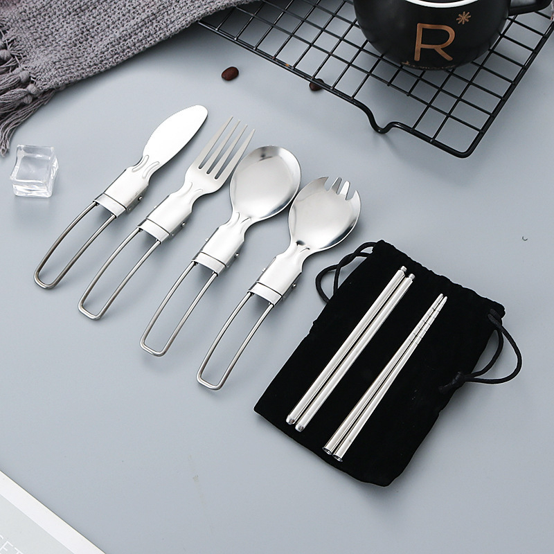 Camping Tableware Outdoor Stainless Steel Folded Fork Spoon Knife Picnics Survival Flatware Hike Travel Portable TablewareTools