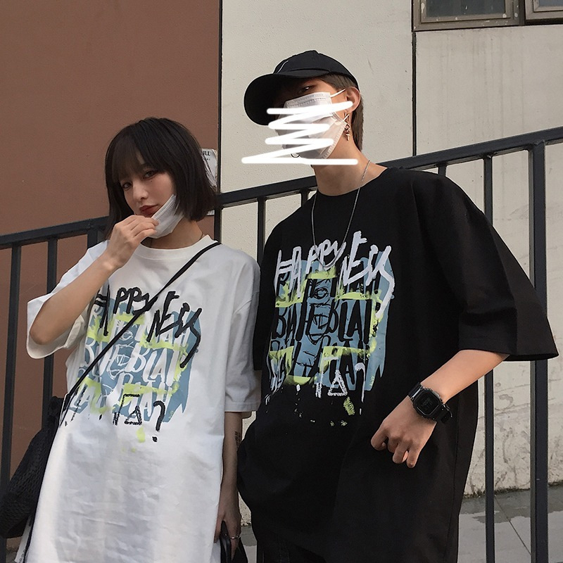 Men's and Women's New Summer Letter Print T-Shirt Loose Black Top