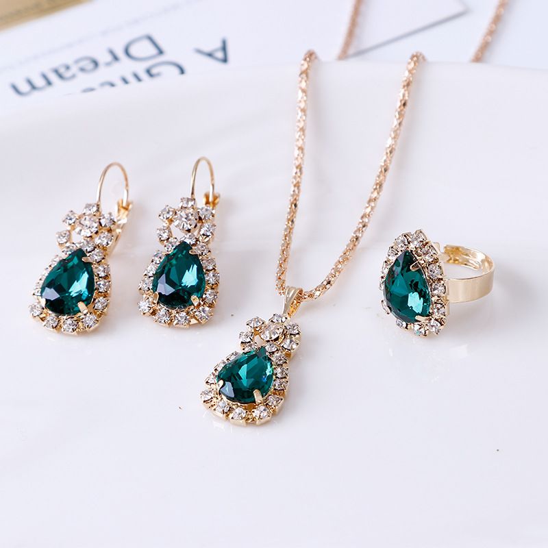 4pcs/set Fashion Ladies Jewelry Set Romantic Heart Bridal Wedding Necklace Ring Set Anniversary Birthday Valentine's Day GiftGreen