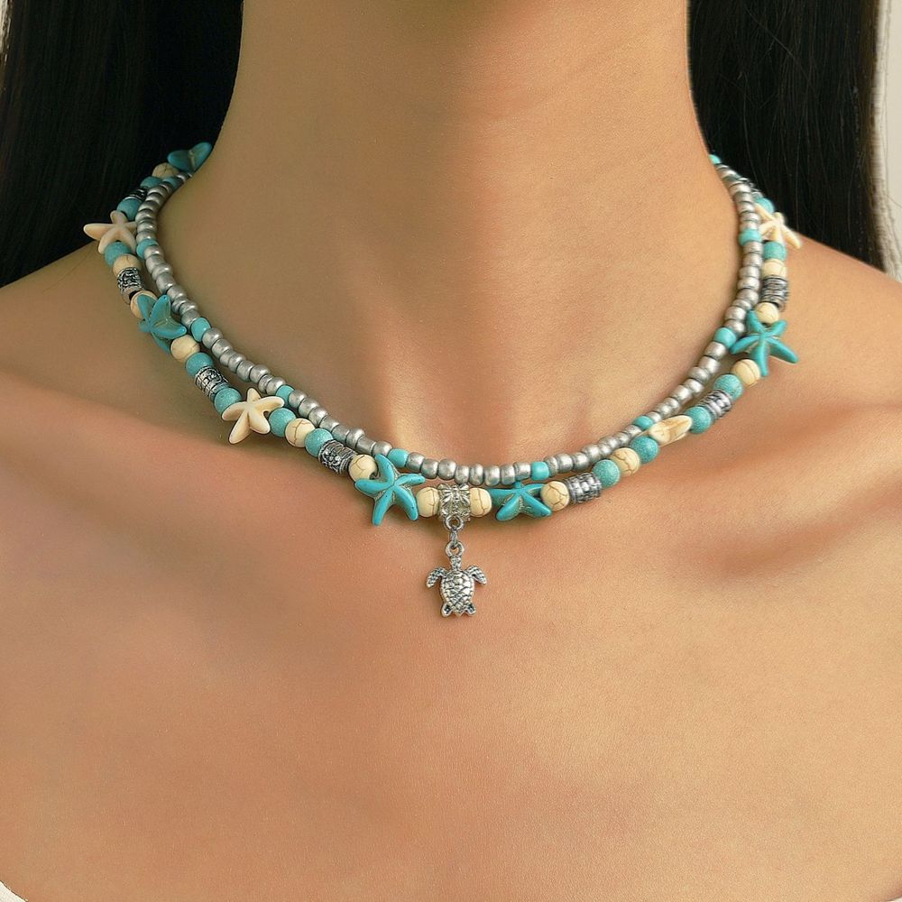 New Bohemian Sea Turtle Pendant Starfish Necklace Ins Retro Multi layer Stacked Beaded Women's Clavicle Chain