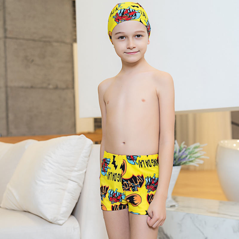 Boy's Cute Cartoon Pattern Swim Jammer Shorts Plus a Swimming Cap Comfortable Polyester Fabric Quick Drying