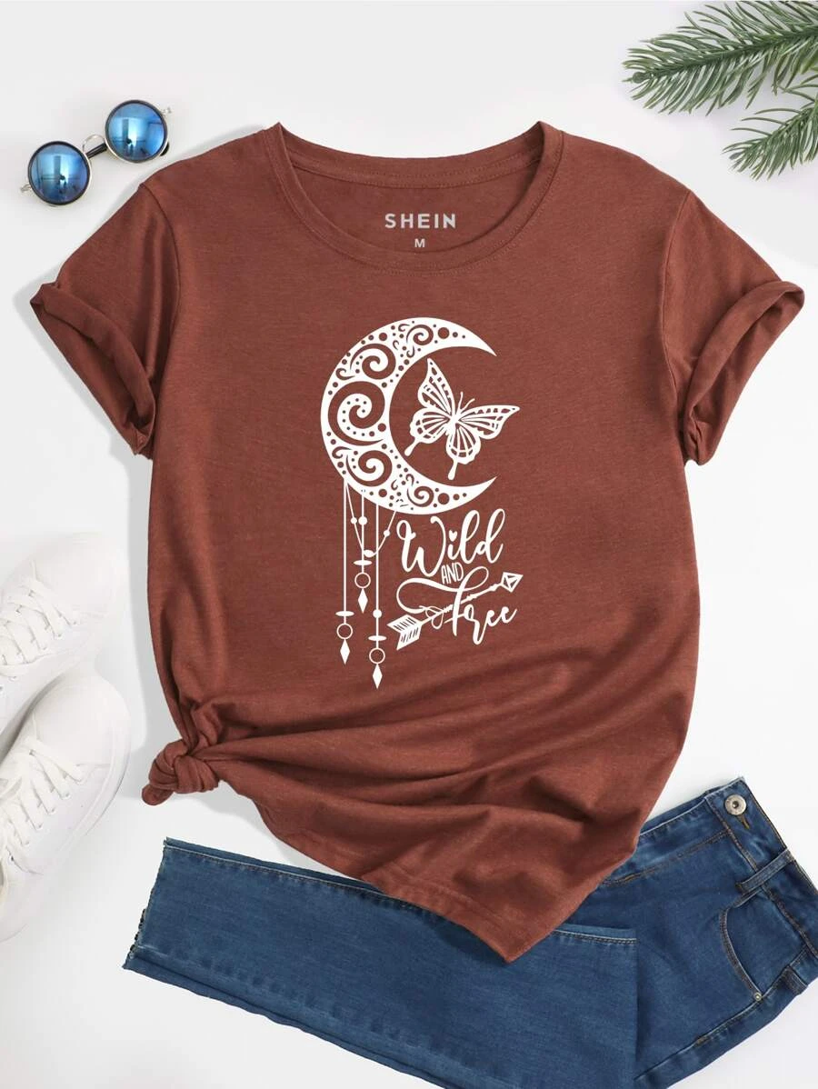 DX040# Women Moon & Butterfly Print Tee T-Shirt