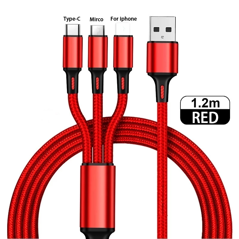 1.2m nylon braided one to three data cable multi 2A fast charging 3 in 1 phone charging cable