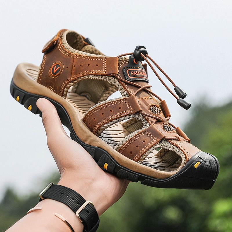 Men's Genuine Leather Sandals 2025 Summer Breathable Quick-Dry Outdoor Sandals Non-Slip Beach Shoes Water-Friendly Casual Footwear