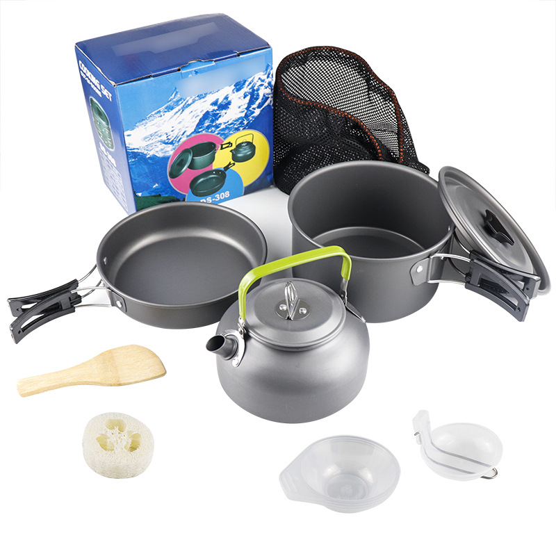 LBN Portable Non-stick Aluminum Alloy Camping Cookware Outdoor Cooking Teapot Picnic Tableware Kettle Pot Frying Pan 3pcs/set