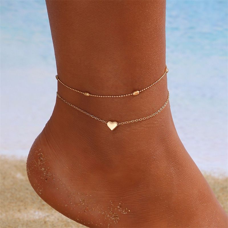 AK23Y0008 Silver Gold Link Leg Chain Anklets Summer Beach Heart Bead Anklets for Women Girls