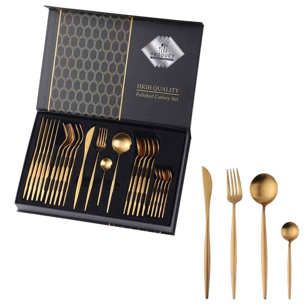 Cutlery Set, 24 Piece Stainless Steel Flatware Fine Mirror Gold Finish and Dishwasher Safe Cutlery Set Including Knife Fork Spoon for 6 People (High End Gift Box)