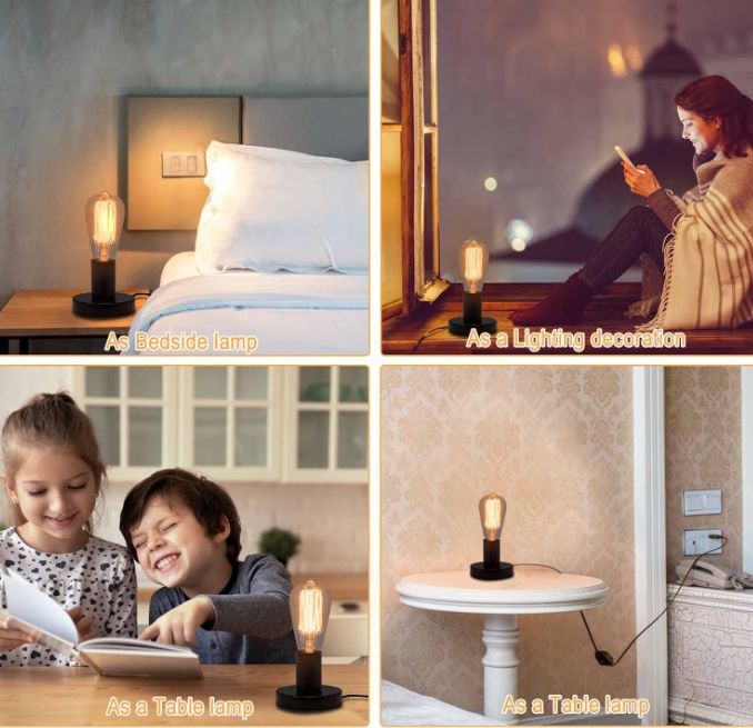 Ghanaian  families 1st choice Table Lamp Base, E26 E27 Lamp Base Without Shade, Mini Short Desk Lamp Exposed Bulb Base, Simple Metal Edison Light Bulb Stand, with 5.8ft Cord Switch Plug Bulb Base Holder (Black)