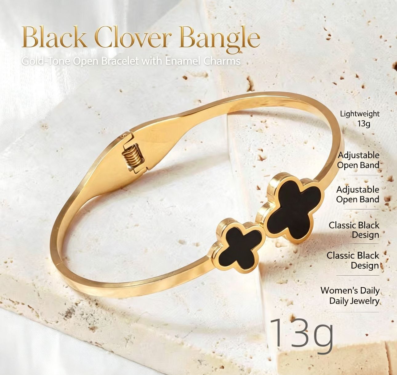 Fashion Women Stainless Steel Bangle, Vacuum Plated Four‑Leaf Clover Design Inlaid Shell and Sparkling Rhinestones, Elegant All‑Match Jewelry for Daily Wear & Party Occasions
