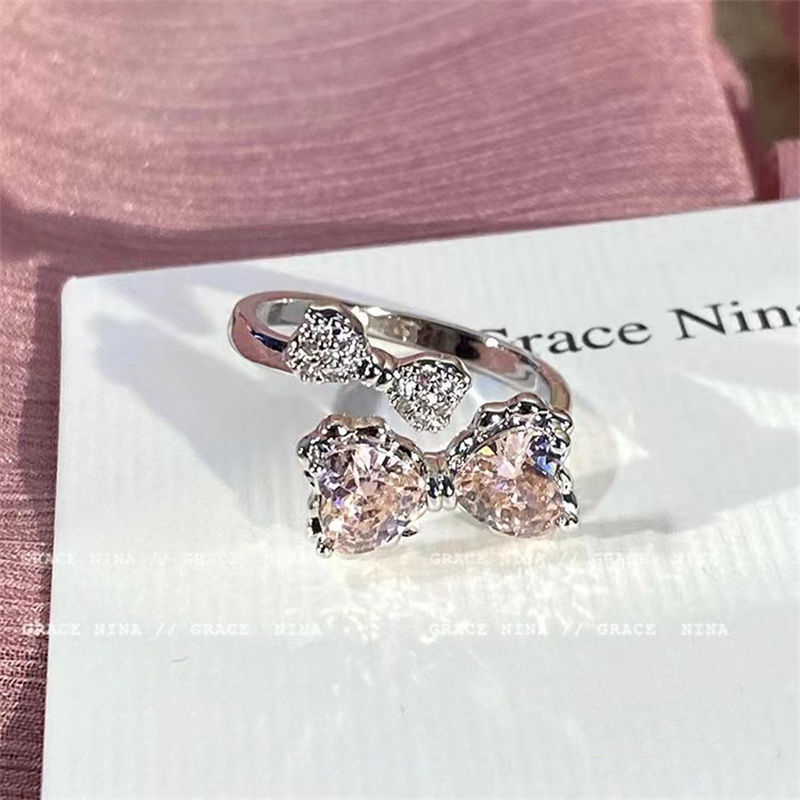 A8 Women Pink Love Heart Diamond Cute Bow Zircon Shining Ring Jewelry