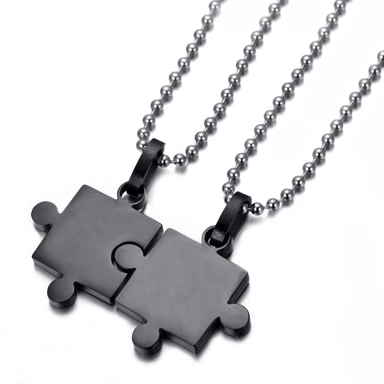 EX217 2 pieces black stainless steel puzzle pendant couple necklace set Glossy puzzle couple pendant
