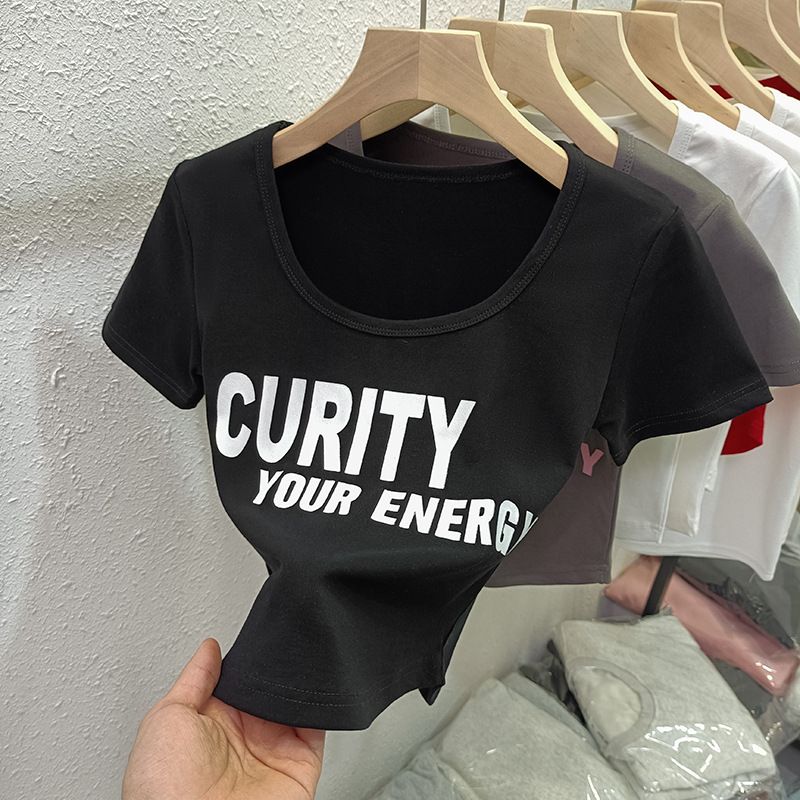 YF7784 Summer Street-wear Women Cropped T-shirt  Solid Short Sleeve O-neck cropped