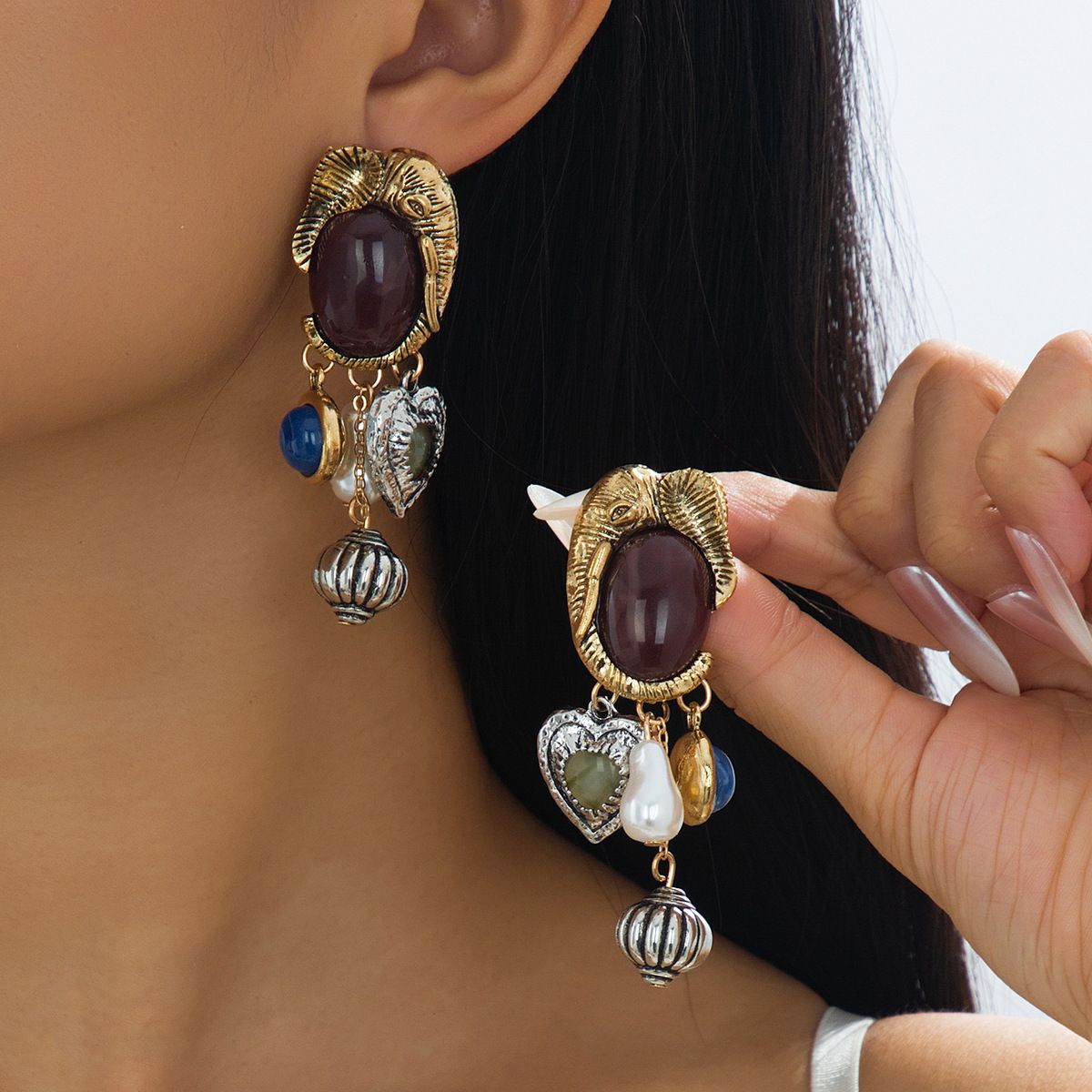 Retro Elephant Charm Drop Earrings, 7cm Mixed Metal with Multi-Color Stones & Faux Pearl, Bohemian Statement Jewelry for Women, Lightweight
