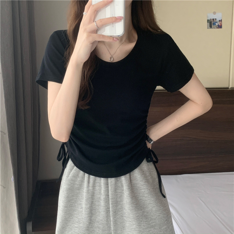420 Women's Loose Crewneck Drawstring Slim Short Sleeve T-shirt