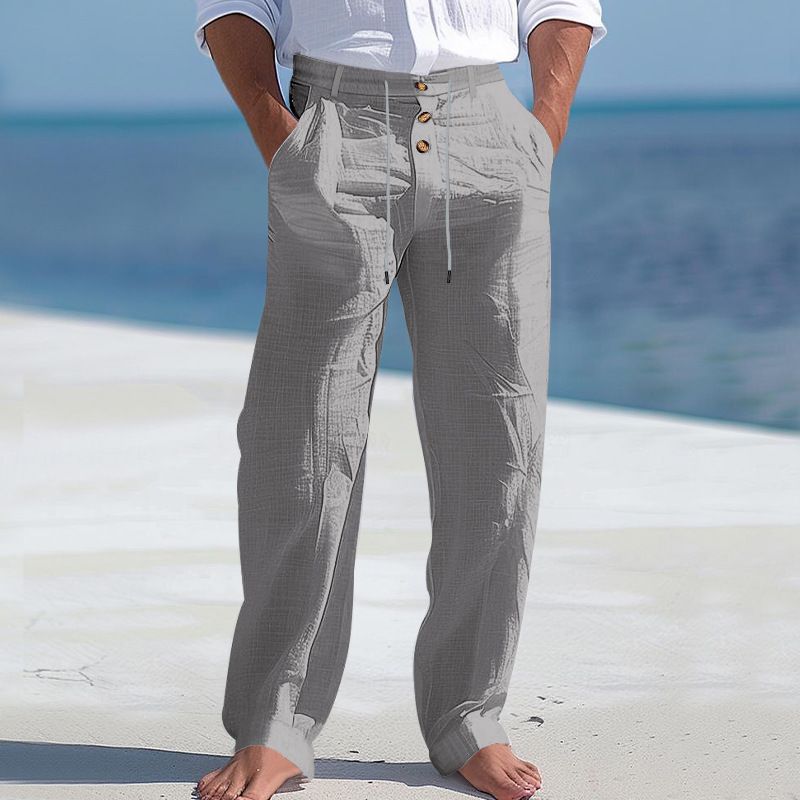 Men's Bottoms Pants Casual American Men's Cotton Linen Pants Button Decoration Drawstring Summer Beach Pants Straight Tube Solid Color Breathable Pants