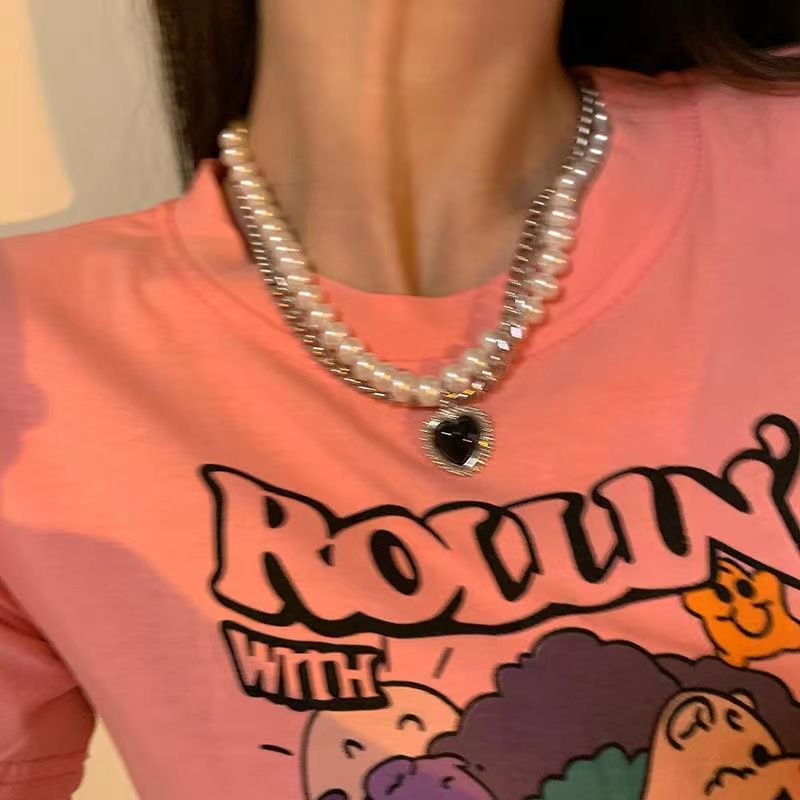Various styles of fashion new pearl party necklace fashion high-end temperament clavicle chain net celebrity necklace clavicle chain niche dress accessoriesDouble Pearl Black Heart Neckl