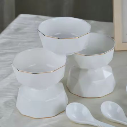 Luxury Embossed Dot White Wedding Hotel Serving Ceramic Luxury Soup Rice Bowl With Gold Rim