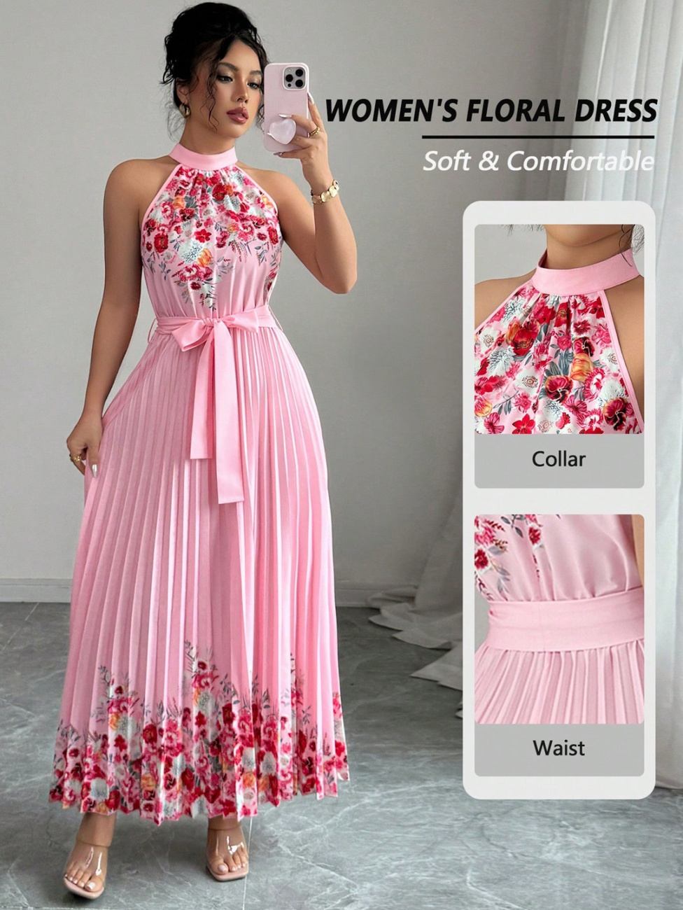Elegant Halter Neck Tie Waist Floral Print Pleated Dress Women Casual High Waist Big Swing Long Maxi Dress