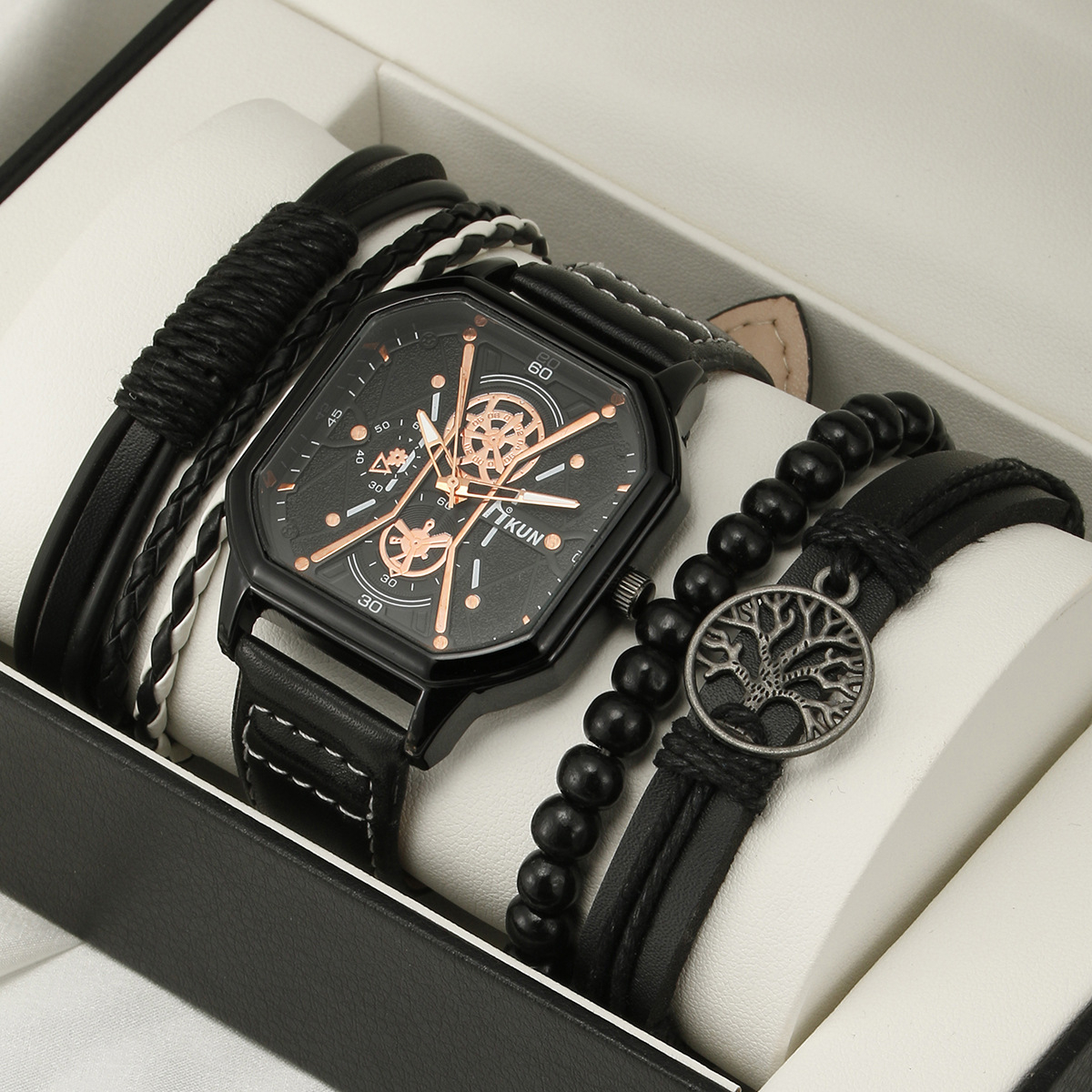 HK044 5 Pcs/Set Brand Watch for Men Jewelry Leather Strap Matte Black Men's Wrist Watches Quartz Japan Movement Bracelet Set
