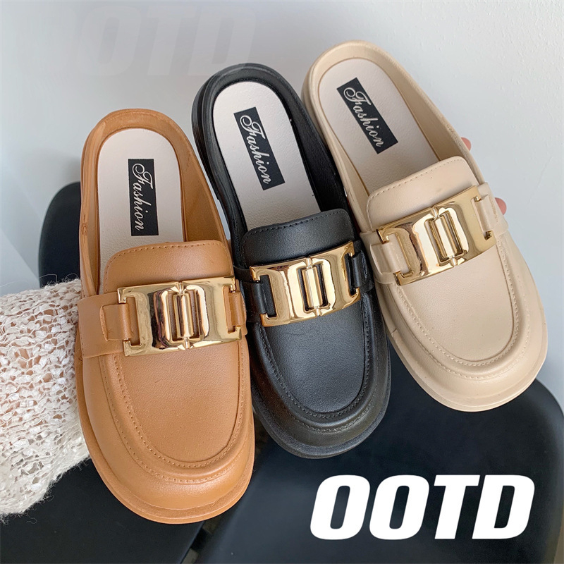 leather loafers Women's round-toe casual shoes Half-slippers for girls platform sandals