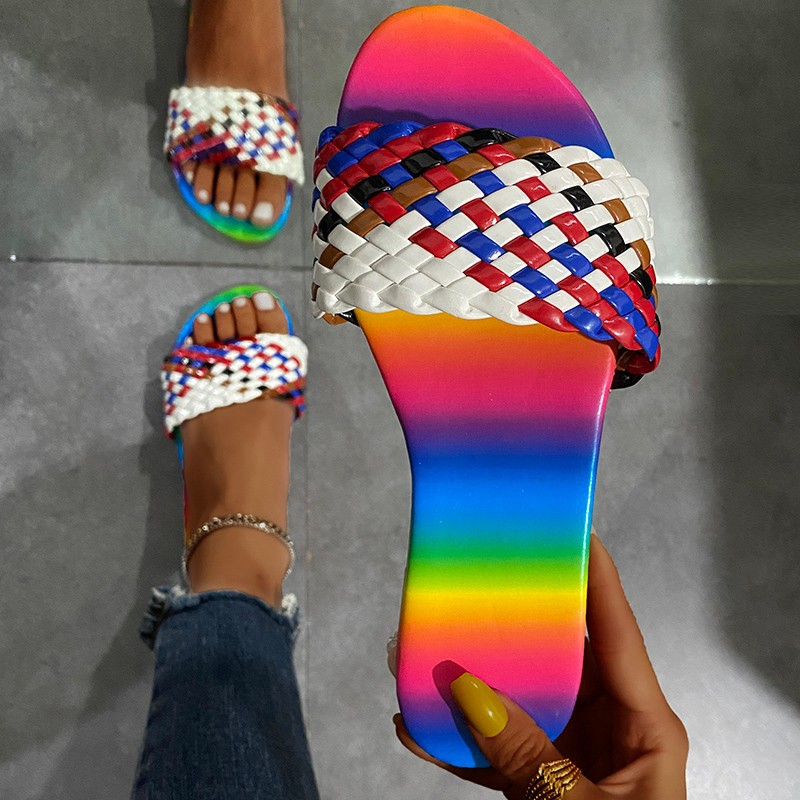 jhf3258 Women's Round Open Toe Flat Sandals Slip On Slide Sandals Woven Strap Flat Sandals