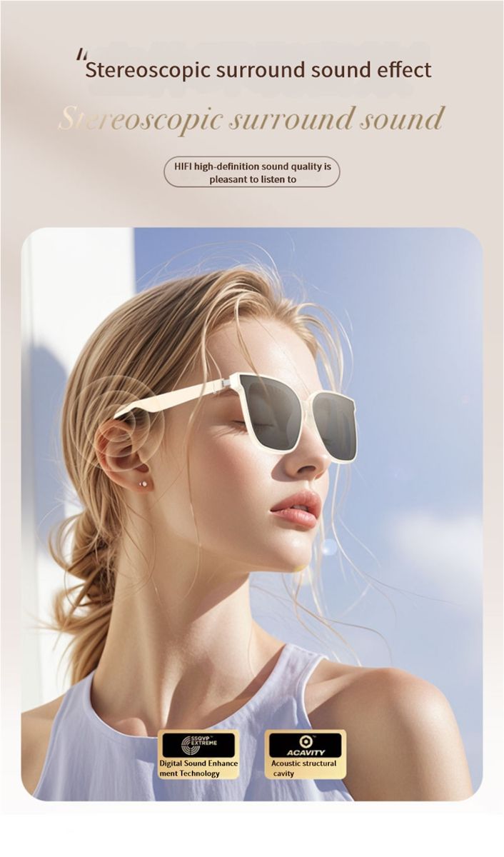 AI smart sunglasses with Bluetooth, polarized lenses, UV and blue light protection, music and call functionality, transparent design, and interchangeable lenses.