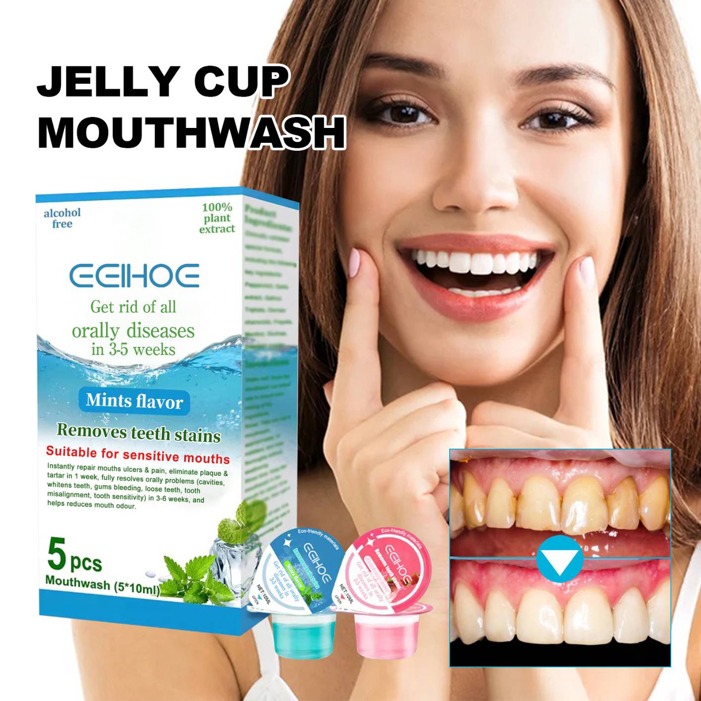 5Pcs Portable Disposable Mint Rose Flavor Clean Mouth Jelly Cup Mouthwash Water for Women Men Outdoor Travel