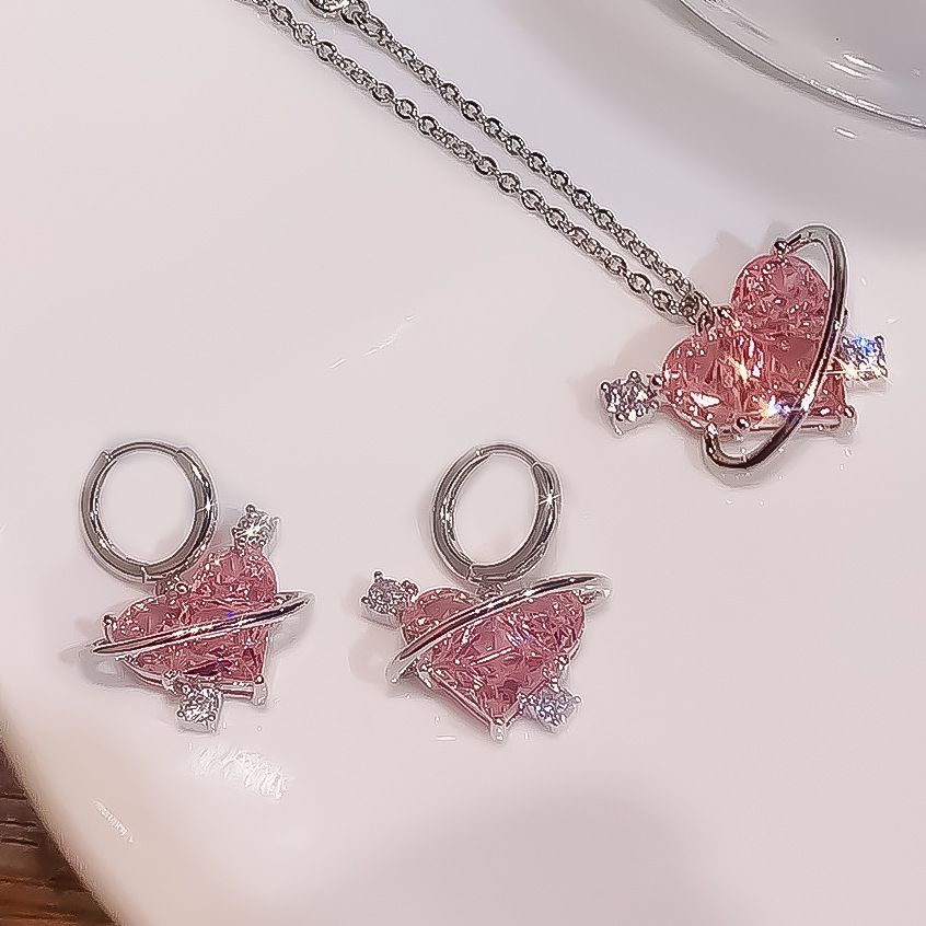5843201HB Fashion Earrings Necklaces Set for Women Heart-shaped Zircon Pink Crystal Pendant Necklace Women's Jewelry Exquisite Gifts