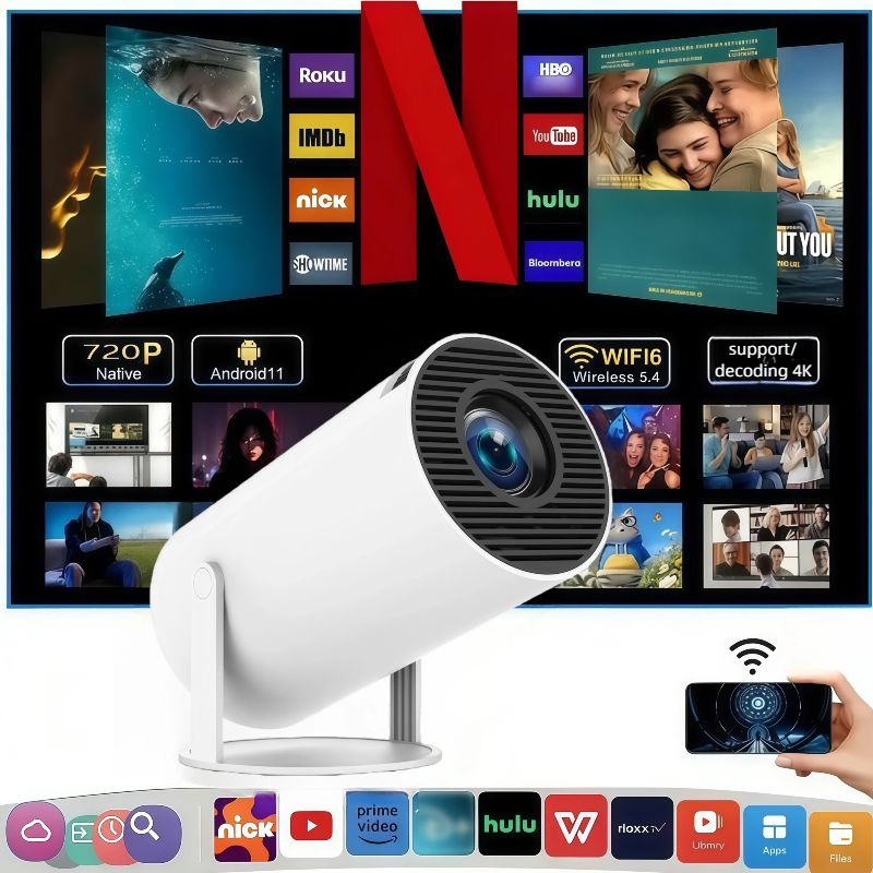 2025 Upgraded HY300 PRO+ Mini Portable Projector,Smart Projector with Android 11.0, 200 ANSI Lumens, Short Focus, WiFi6 + BT5.0, Support 4K 1080P Decoding, for Outdoor Camping,Home Theater
