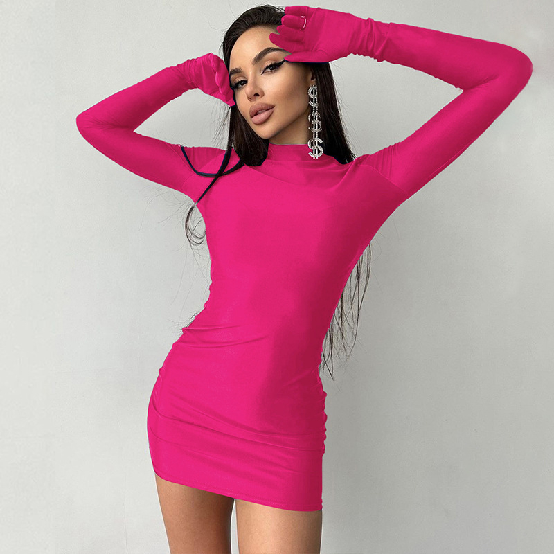D3612995A  Solid Long Sleeve With Gloves Mini Dress Bodycon Sexy Streetwear Party Half Turtleneck Outfits Y2K Clothes