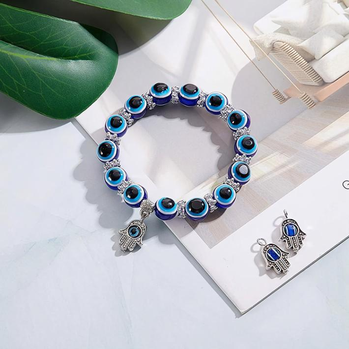 Huadeer Evil Eye Beaded Charm Bracelets Blue Eye Bead Hamsa Stretch Bracelet Hand of Fatima Turkish Lucky Bracelet for Women Men for Protection and Blessing