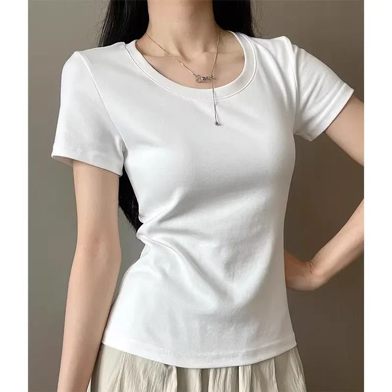Summer Women's Cotton Regular Shoulder Crew Neck White Tee Slim Fit Ribbed Base Top Casual Versatile T Shirt