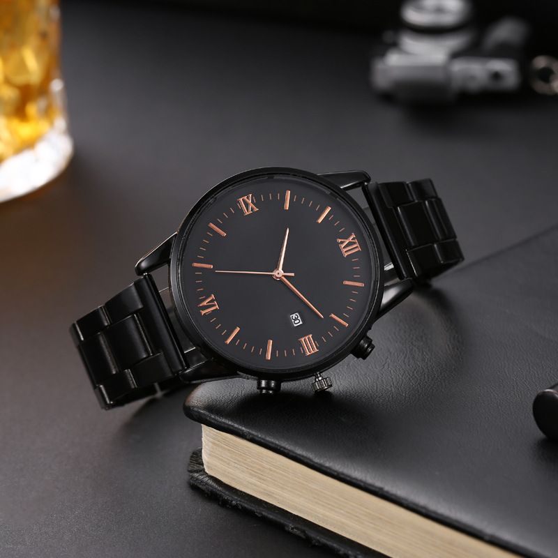 New men's fashionable and versatile casual watch with calendar, iron strap, quartz watch, business watch