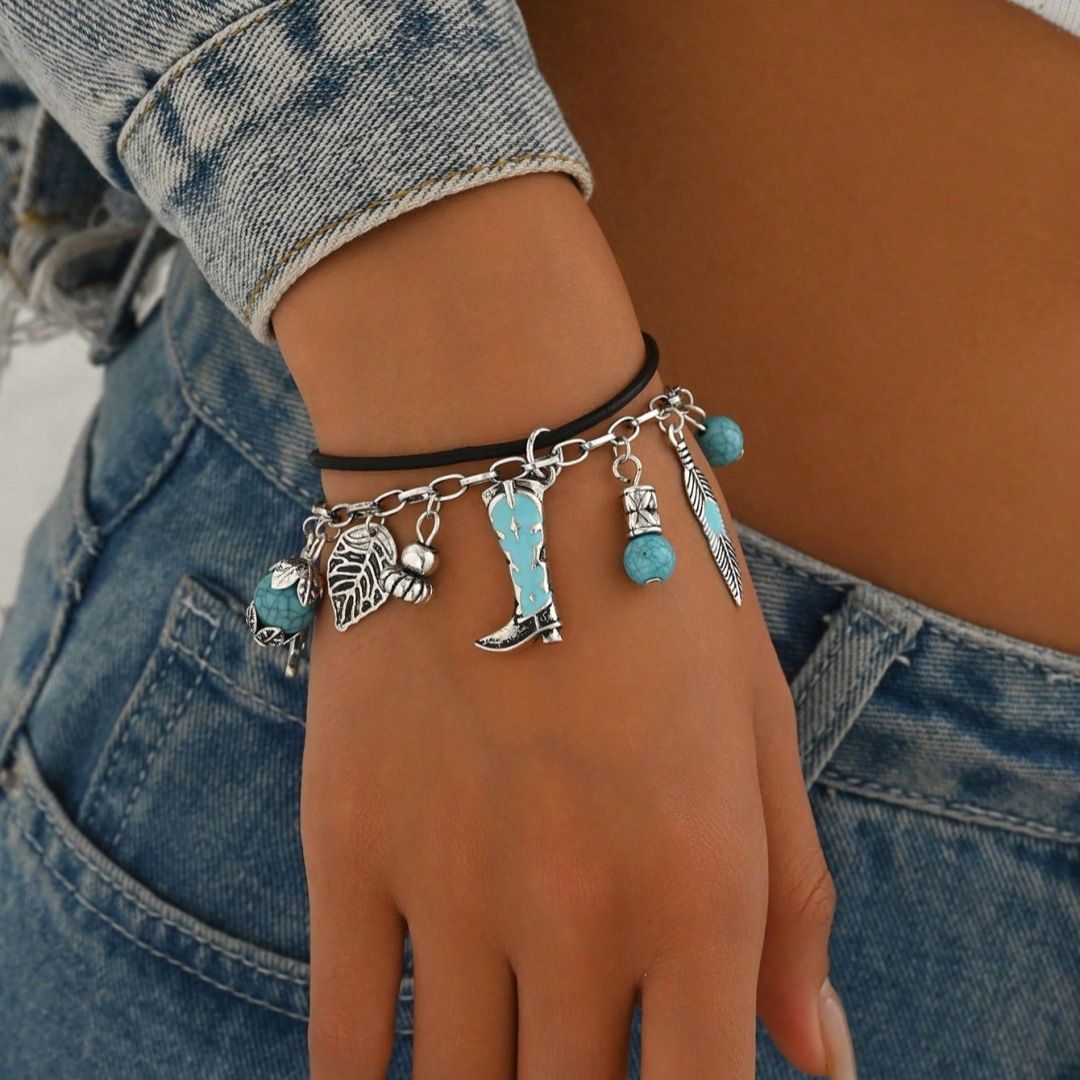 Bohemian Western Style Double-Layer Bracelet with Turquoise Beads, Cowboy Boot & Feather Charms, Adjustable Antique Silver Tone Chain, Rustic Country Jewelry for Women

