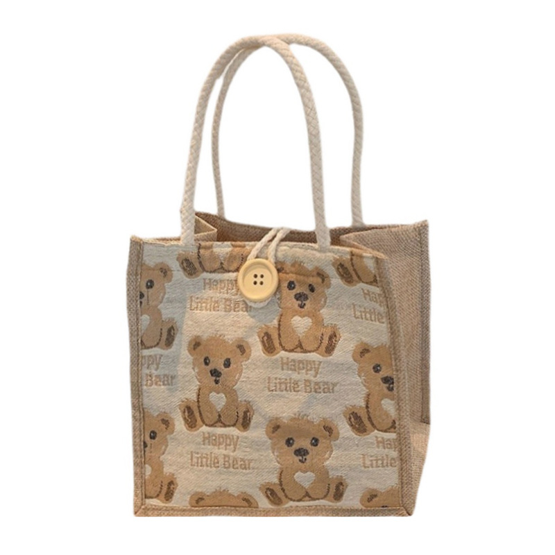 Cute Bear Pattern  Lunch Bag Flax Girl Student Handbag Outdoor Handbag Casual Lunch Bag Underarm bag
