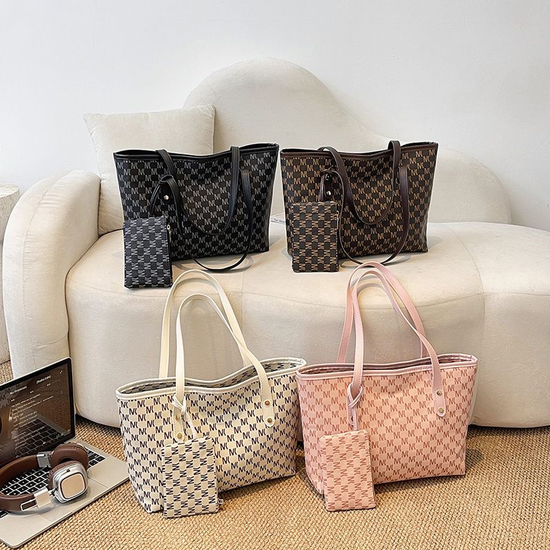 Women's 2026 New Letter Print Tote Bag, Large Capacity PU Leather Shoulder Handbag with Matching Pouch, Versatile Everyday & Work Tote in White, Pink, Brown, Black
