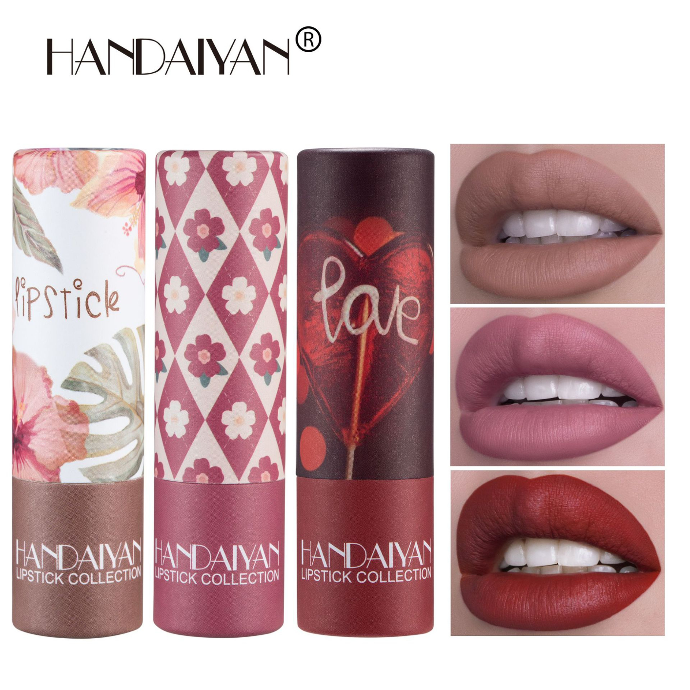 H1021 HANDAIYAN Nude Matte Lipstick Collection New Style Floral Print Soft Smooth Velvet Liptick Makeup Waterproof Foggy Lip Tint Balm