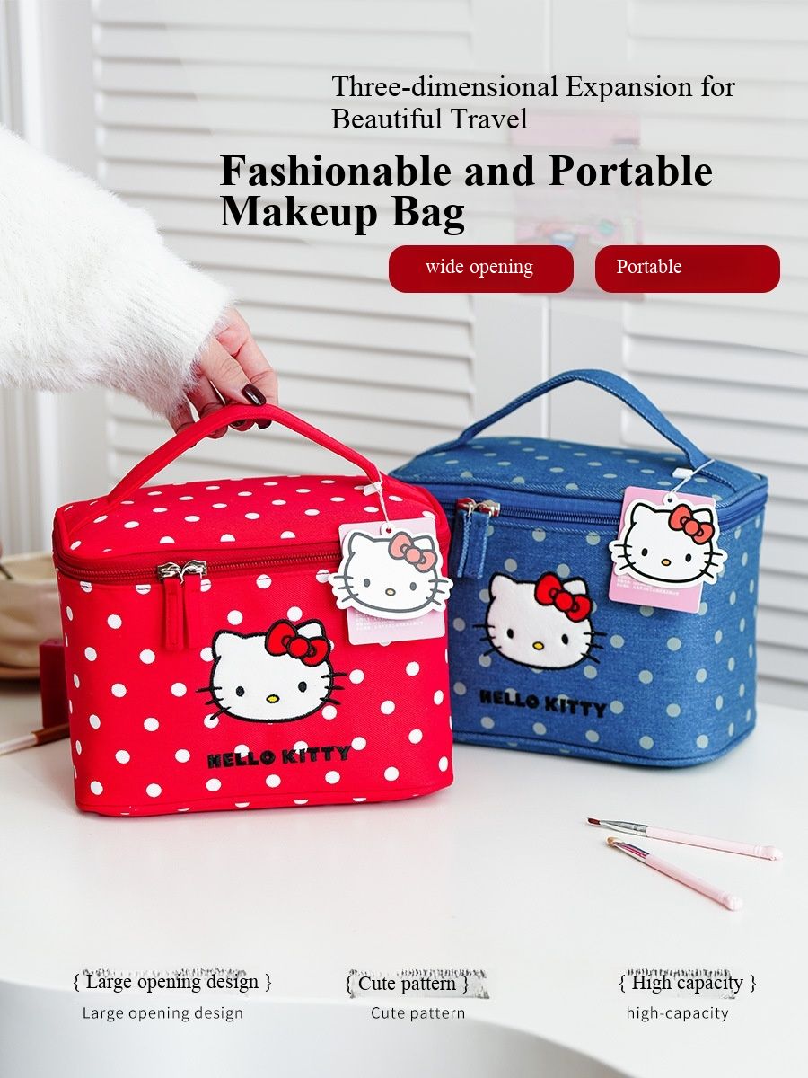 Hello Kitty Polka Dot Cosmetic Bag, Large Capacity Portable Travel Makeup Organizer with Cute Character Design for Girls
